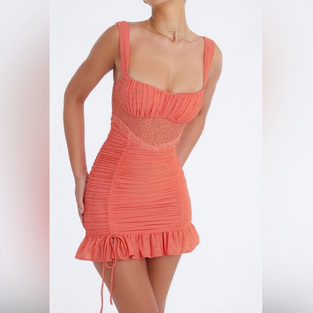 Mistress Rocks Coral Lace Ruched Mini Dress Small - Picture 3 of 12